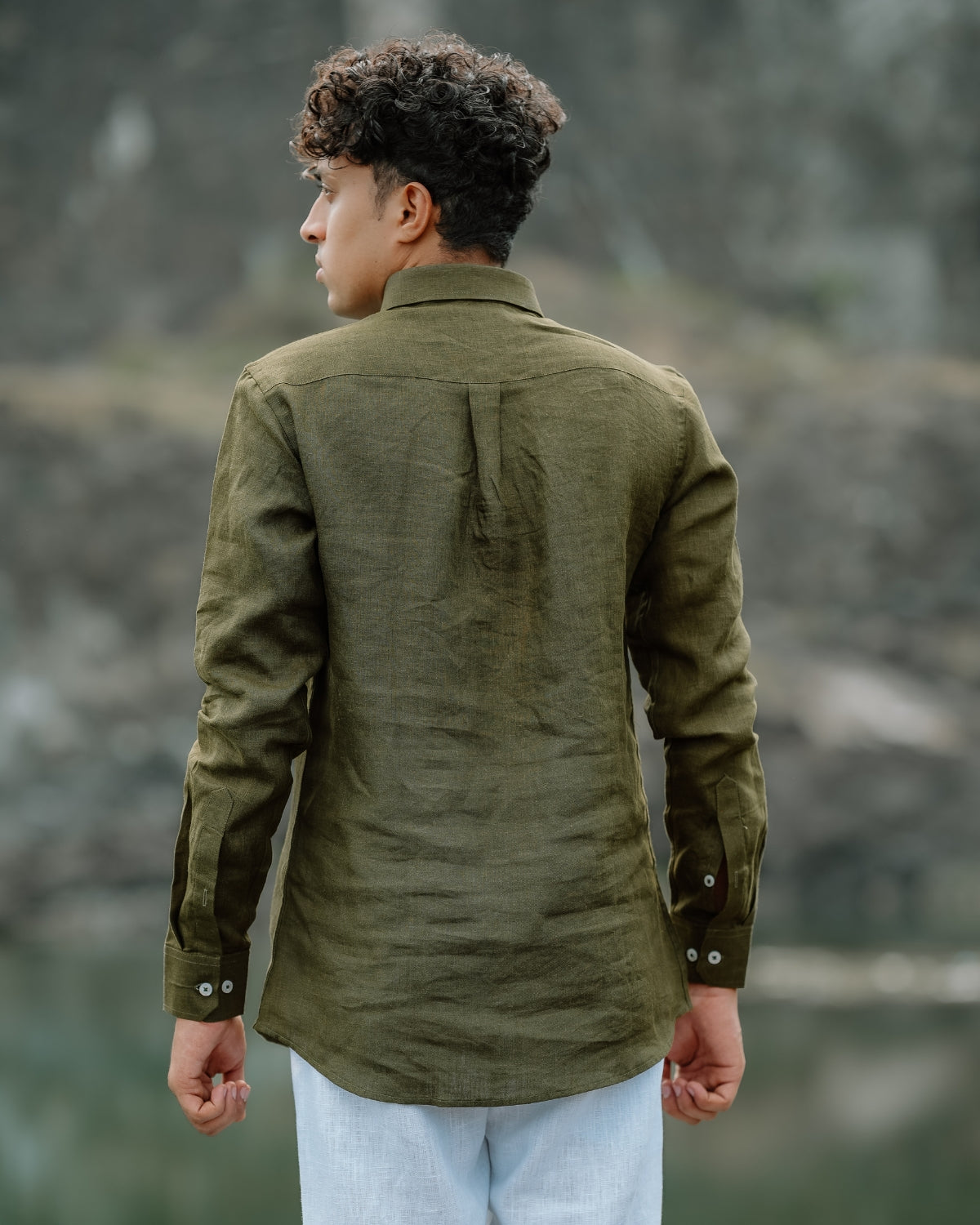 Olive Green Pure Linen Solid Shirt