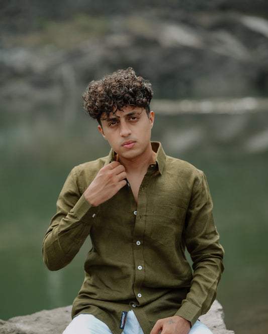 Olive Green Pure Linen Solid Shirt