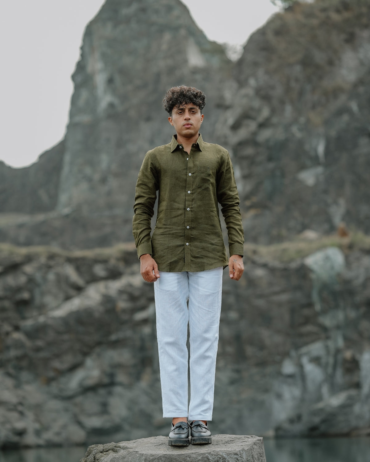 Olive Green Pure Linen Solid Shirt