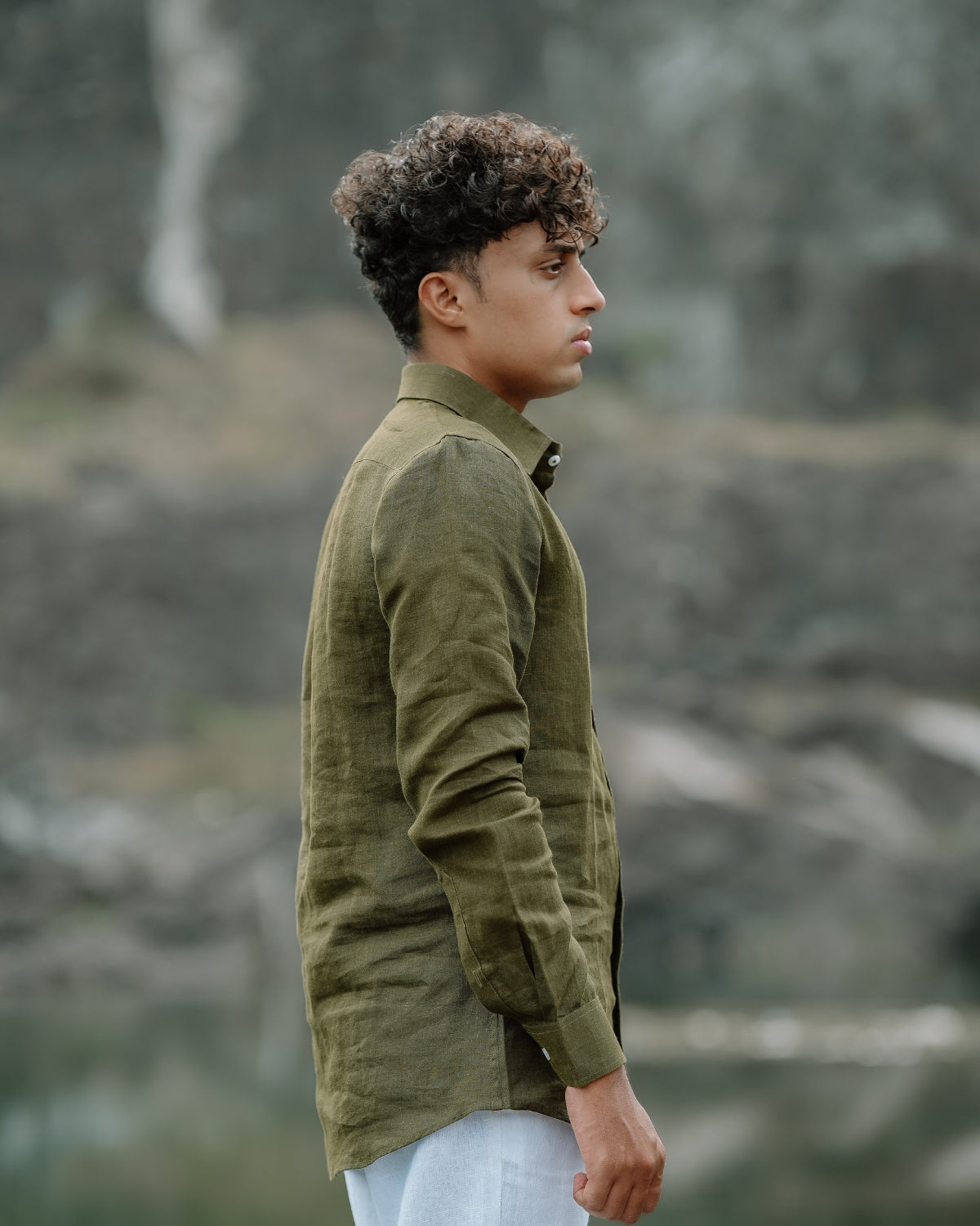 Olive Green Pure Linen Solid Shirt