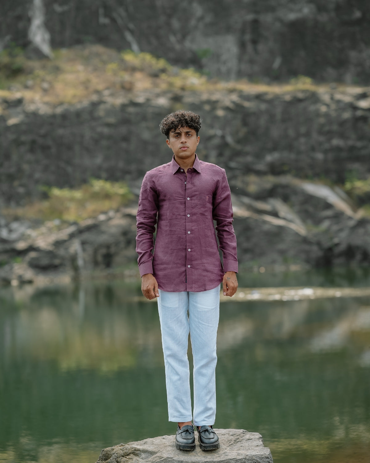 Reddish Purple Pure Linen Solid Shirt