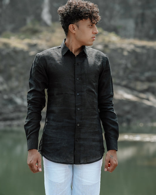 Bold Black Pure Linen Solid Shirt